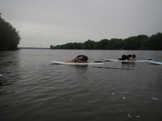 practicing SUP yoga in Montreal